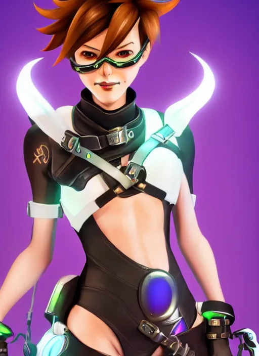 Image similar to full body digital artwork of tracer overwatch, wearing black iridescent rainbow latex, 4 k, expressive happy smug expression, makeup, in style of mark arian, wearing detailed black leather collar, wearing chains, black leather harness, leather cuffs around wrists, detailed face and eyes,