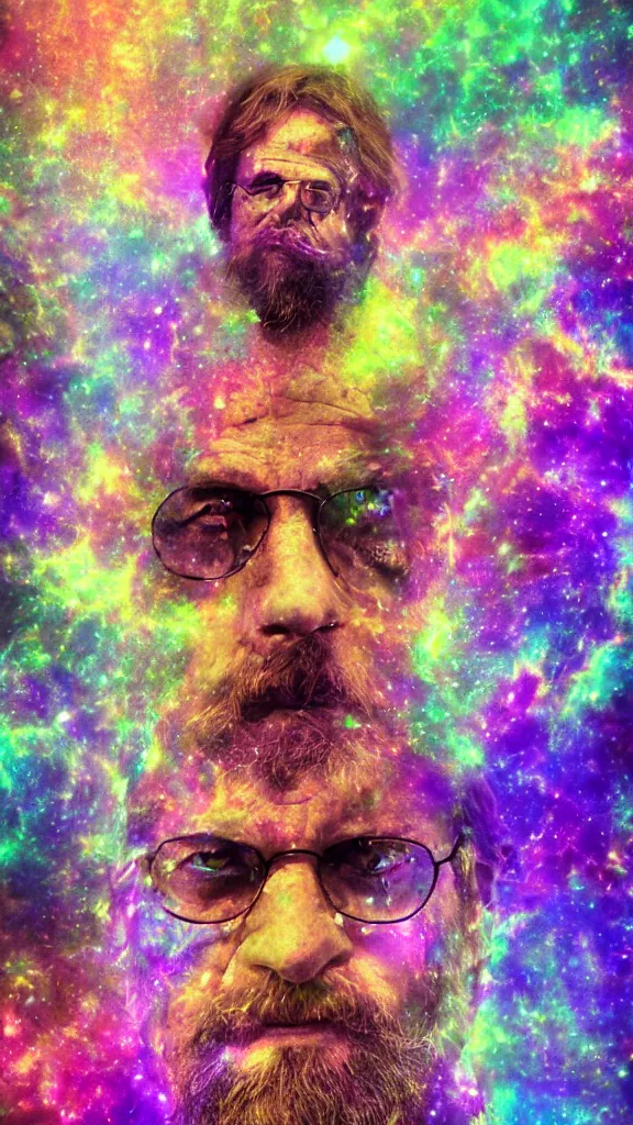 Image similar to terrance mckenna protrait in a nebula with fractals and mushrooms, vivid psychadelic colorful purple, 8 k, high deatil, artstationhd, smoke mirrors