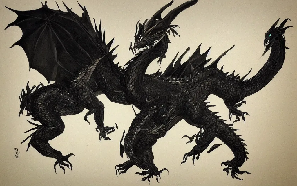 Image similar to “a painting of a singular large black dragon in flight”