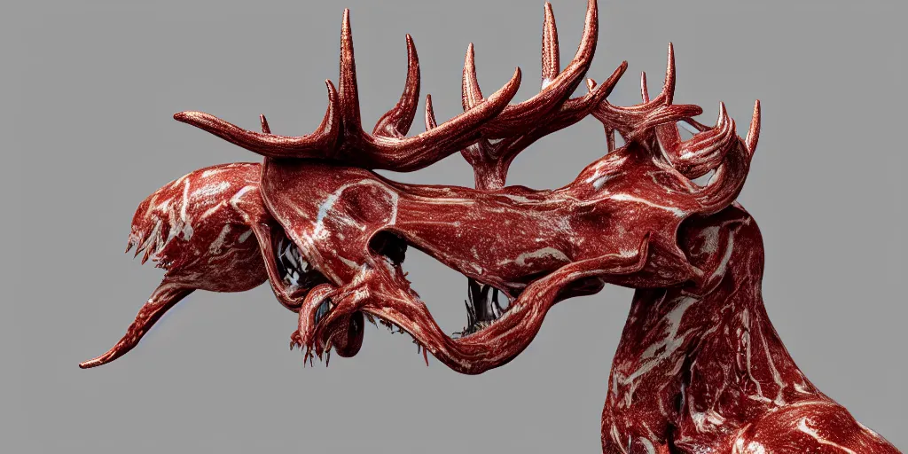 Prompt: stylized shiny polished silver statue full body bizarre extra limbs cosmic horror quadruped animal moose deer skull four legs made of marble of slug worm creature tendrils perfect symmetrical body perfect symmetrical face hyper realistic hyper detailed by johannen voss by michelangelo octane render blender 8 k displayed in pure white studio room anatomical deep red arteries veins flesh hell