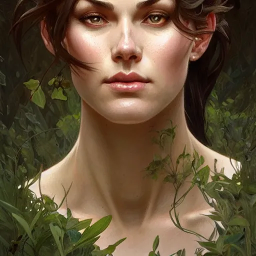 Image similar to alexandra daddarioportrait of forest gog, female, clear face, masculine, upper body, muscular, fantasy, intricate, elegant, highly detailed, digital painting, artstation, concept art, matte, sharp focus, illustration, art by artgerm and greg rutkowski and alphonse mucha