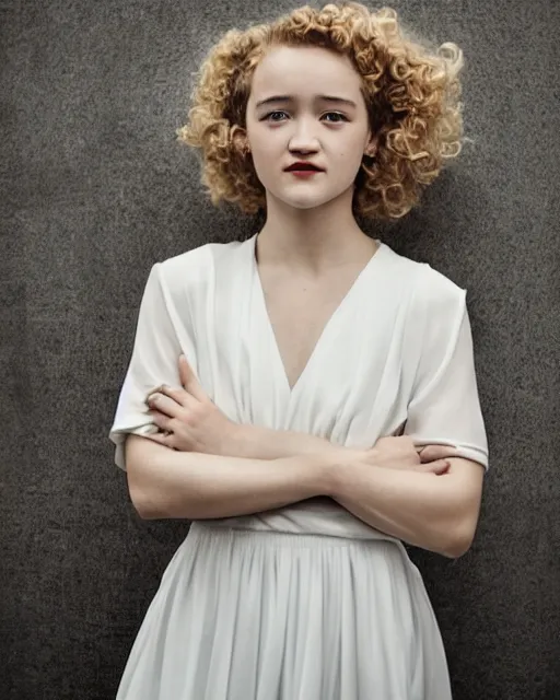 Image similar to photo of a model, face of julia garner, wearing a white dress, black hair, beauty, full body portrait, greg kutkowski, sharp details, soft lighting, subsurface scattering, pearls of sweat, glistening skin, warm lighting