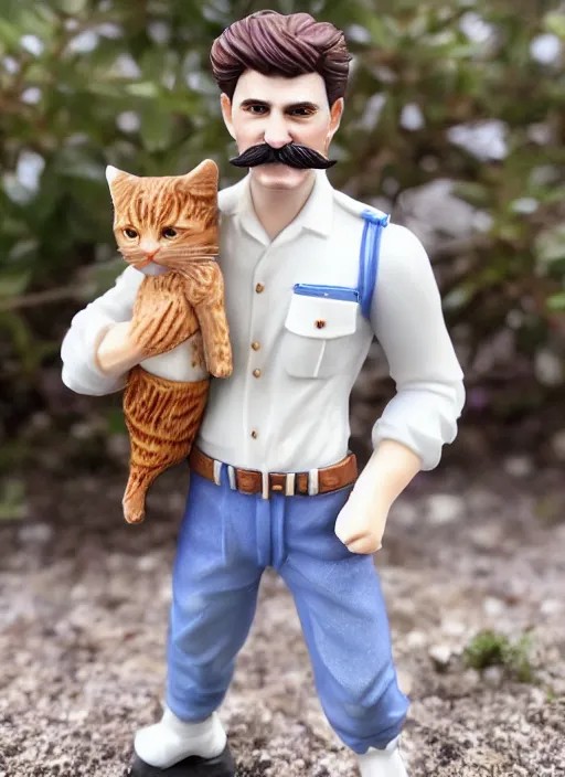 Image similar to 80mm resin detailed miniature of beautiful europenian man with moustache wearing white t-shirt and holding in his hands tabby cat, Product Introduction Photos, 4K, Full body