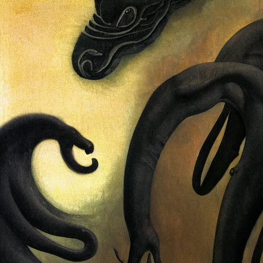 Prompt: close up of a black scary chimera in a temple, art nouveau wallpaper, dripping watercolor by gottfried helnwein, by hammershøi, highly detailed, lights by edward hopper, liminal, eerie, pastel colors, limited palette