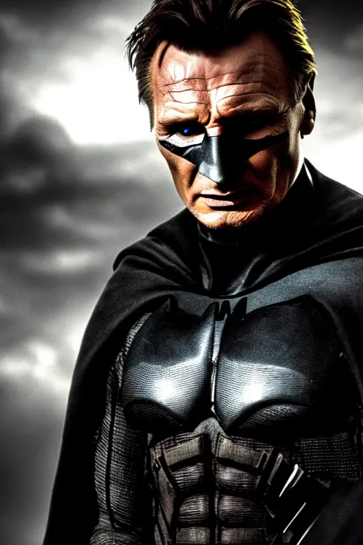 Image similar to cinematic of liam neeson batman, dramatic, moody lighting