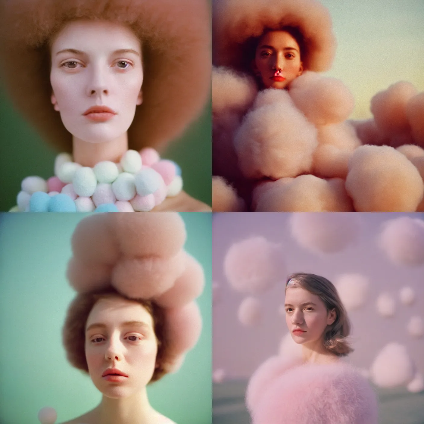 Prompt: An vintage analog head and shoulder frontal face portrait photography of a woman surrounded by thousand! fluffy soft giant! oversized pastel colorful cotton balls by tim walker. Kodak Portra 800 film. shallow depth of field. (Depth of field). whirl bokeh!!. Golden hour. detailed. hq. realistic. warm light. muted colors. Filmic. Dreamy. lens flare. Mamiya 7ii, f/1.2, symmetrical balance, in-frame