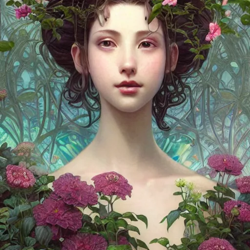 Image similar to aerith gainsborough, intricate, elegant, highly detailed, smooth, sharp focus, award - winning, masterpiece, in the bloom greenhouse, atmospheric lighting, perfect shadow, in the style of tom bagshaw, cedric peyravernay, peter mohrbacher, louis comfort tiffany, victo ngai, pinterest, 4 k hd illustrative wallpaper, chinese style