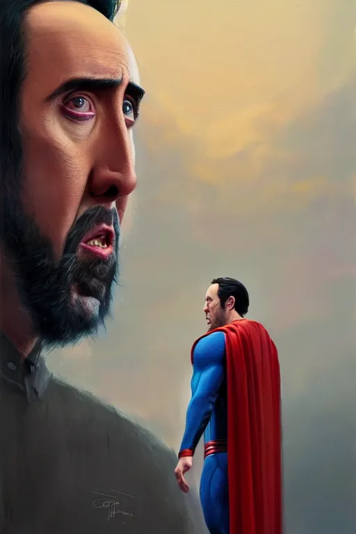 Image similar to portrait of nicolas cage as superman looking away from the camera, intricate, hyperrealistic, extremely detailed oil painting by simon stalenhag and greg rutkowski, artstation