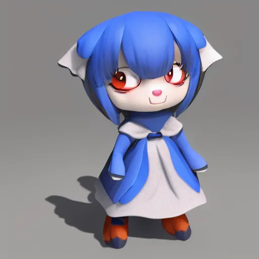 Prompt: cute fumo plush of a foxgirl adventurer, blue dress, three point lighting, dramatic, vray