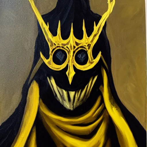 Prompt: eldritch king dressed in mask and robes, gold yellow and black colour scheme, canvas, oil paint style