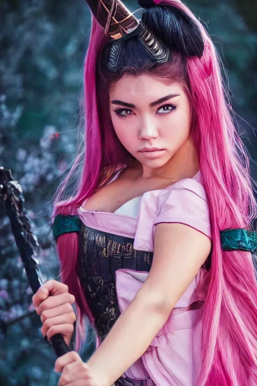 Image similar to highly detailed beautiful photo of madison beer as a young female samurai, practising sword stances, symmetrical face, beautiful eyes, pink hair, realistic anime art style, 8 k, award winning photo, pastels colours, action photography, 1 / 1 2 5 shutter speed, sunrise lighting