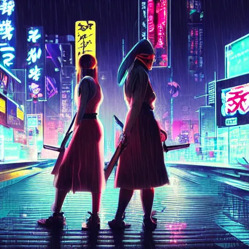 Image similar to two 2 beautiful female samurai, with straw hat, cyberpunk 2077, city background, rainy night, neon glow concept art, sharp focus, intricate, digital painting, artstation, official media, anime key visual, highly detailed, rich vivid colors ambient lighting, illustration, art by Artgerm, Makoto Shinkai, Ilya Kuvshinov, Lois Van Baarle and Rossdraws