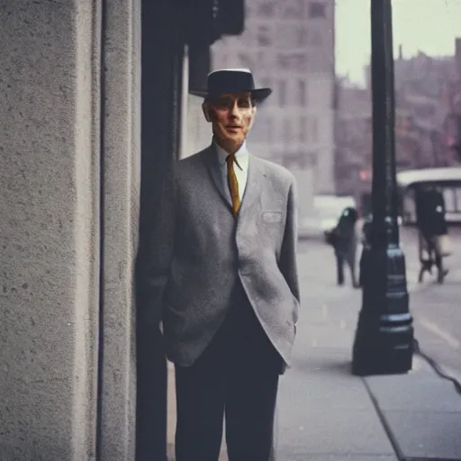 Prompt: analog medium format street photography portrait of an elegant man in new york by street photographer, 1 9 6 0 s, portrait featured on unsplash, photographed on colour expired film