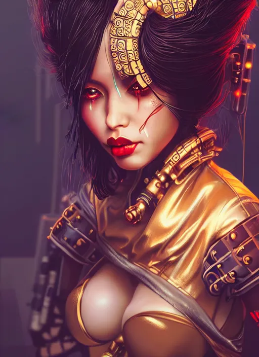 Image similar to soft lustrous ebony geisha seductive raver gutter punk steampunk cyborg, golden ratio, details, scifi, fantasy, cyberpunk city, intricate, decadent, highly detailed, octane render, digital painting, artstation, concept art, sharp focus, illustration, art by artgerm, loish, wlop