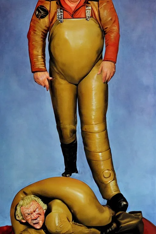 Image similar to full body portrait of actor kenneth mcmillan as baron harkonnen wearing leather spacesuit in dune, colour painting by normal rockwell and phil hale