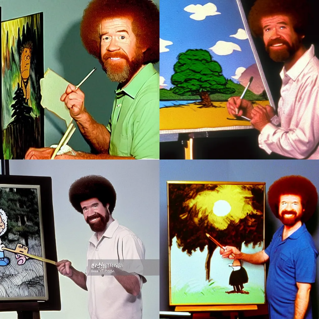 Prompt: Bob Ross painting a picture of Charlie Brown, tv show, 90s,