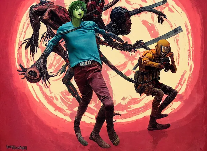 Prompt: attack on titan, avengers and gta by francis bacon, surreal, norman rockwell, greg hildebrandt, vibrant red background, by greg rutkowski, exotic vegetation, tristan eaton, victo ngai, complimentary color, pink and teal and orange and purple, a still from the film alien, beksinski, hyperrealism