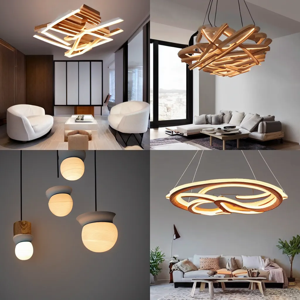 Prompt: a designer lamp for the living room, hanging from the ceiling, made from pieces of wood and 3 led lights, organic design, elegant, hyperrealistic, 8 k