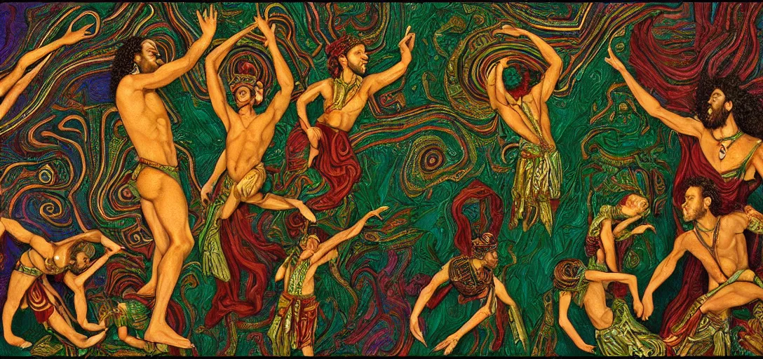 Image similar to an abstract spiritual background, multiracial greek gods dancing, green eyes. 2 4 mm, photorealistic, muted color scheme, directed by mati klarwein and mat collishaw