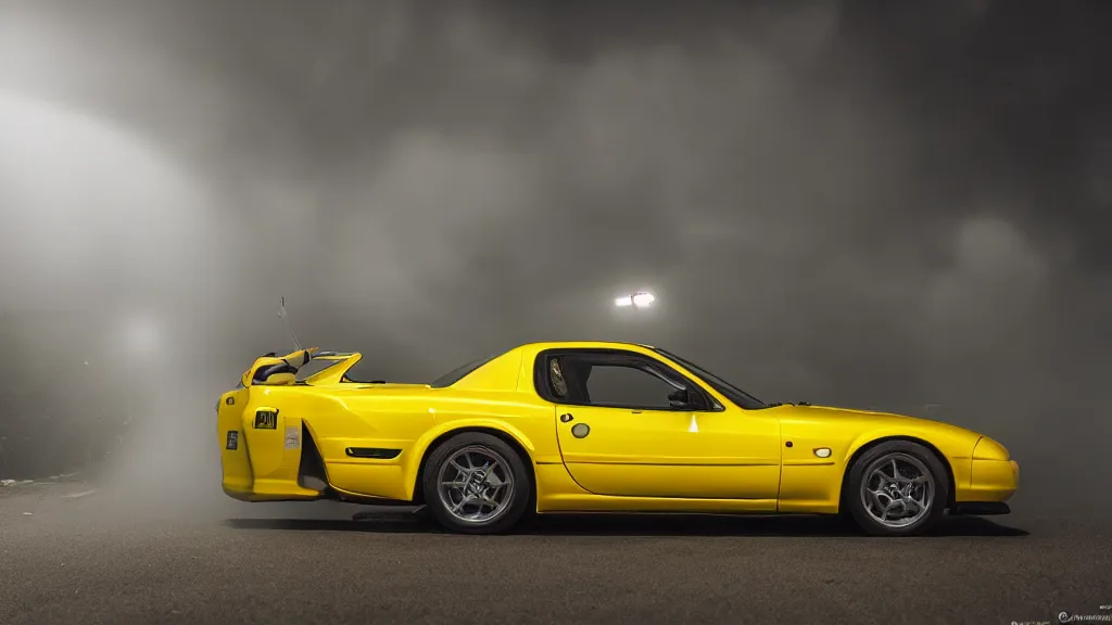 Image similar to a yellow mazda rx 7 with body kit, cinematic, nikon d 7 5 0, long exposure, white balance, 8 k, led, lumen global illumination, fog, ray tracing reflections, fxaa, rtx, post - production