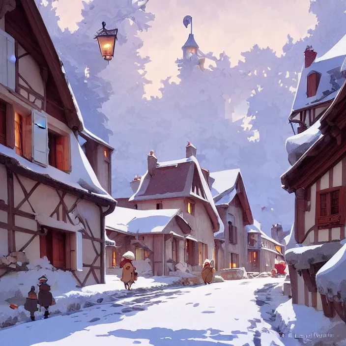 Prompt: french rural town, winter, in the style of studio ghibli, j. c. leyendecker, greg rutkowski, artem