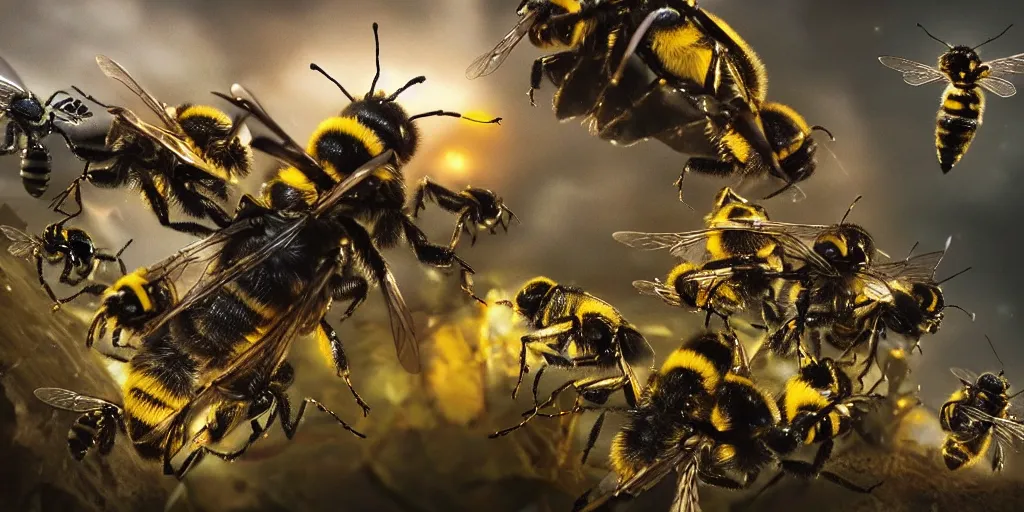 Prompt: Bumblebees going to war again praying mantises, realistic 4k octane beautifully detailed render, 4k post-processing, highly detailed, intricate complexity, epic composition, magical atmosphere, cinematic lighting, masterpiece, ultra hd