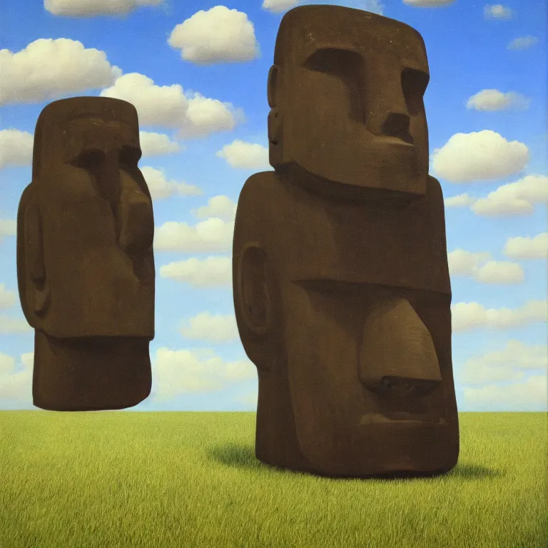 Image similar to portrait of a moai - head man in a suit, clouds in the background, by rene magritte, detailed painting, distance, middle centered, hd, hq, high resolution, high detail, 4 k, 8 k