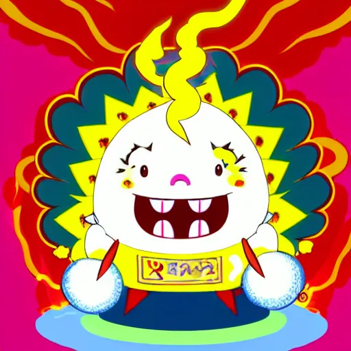 Image similar to kawaii wacky fluffy popcorn with lightning bolt power, yokai, in the style of a mamashiba, with a yellow beak, with a toroidal energy field, with a smiling face and flames for hair, sitting on a lotus flower, white background, simple, clean composition, symmetrical
