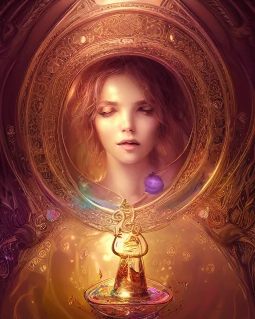 Image similar to cute woman inside an ornate sail boat of iridescent liquid, alchemy, shiny plastic, intricate, bloom, detailed, volumetric lighting, sharp focus, photorealism, digital painting, highly detailed, concept art, by by artgerm and wlop