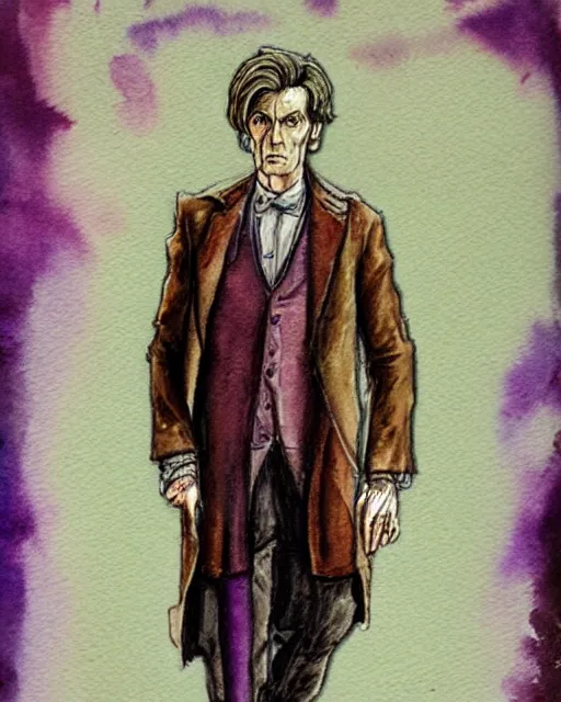 Image similar to Doctor Who costume, concept art, watercolor, brown and purple