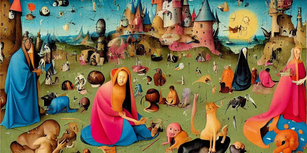 Prompt: “colorful depiction of modern life by hieronymus bosch and lisa frank”