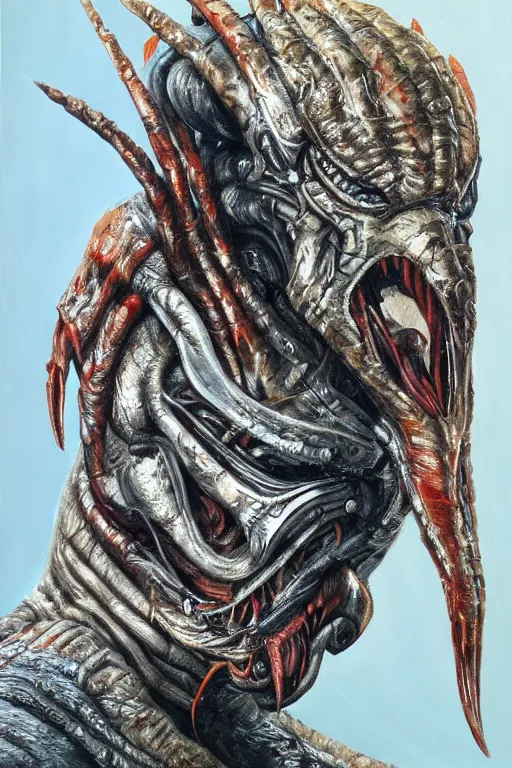 Prompt: Predator Donald Trump, oil on canvas, extremely detailed, artstation, by HR giger