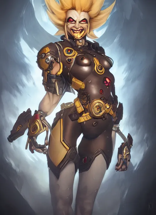Image similar to character portrait of a fusion of Junkrat from Overwatch and Mercy from Overwatch by ArtGerm and Tom Bagshaw, 4k, highly detailed, cinematic lighting, characters merged