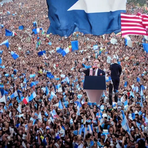 Image similar to Lady Gaga as president, Argentina presidential rally, Argentine flags behind, bokeh, giving a speech, detailed face, Argentina