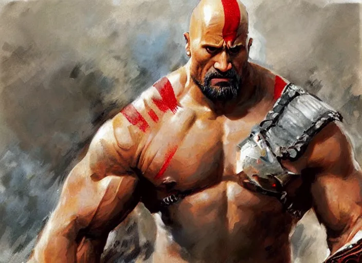 Image similar to a highly detailed beautiful portrait of dwayne johnson as kratos, by gregory manchess, james gurney, james jean