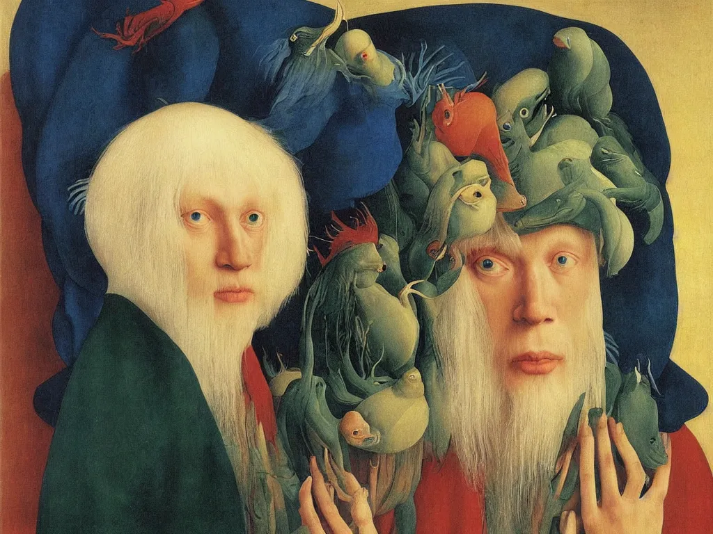 Image similar to Portrait of albino mystic with blue eyes, with exotic beautiful fish. Painting by Jan van Eyck, Audubon, Rene Magritte, Agnes Pelton, Max Ernst, Walton Ford