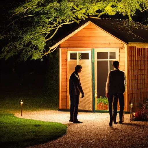 Image similar to A photo of two men in a garden at night walking towards a small wooden garden shed