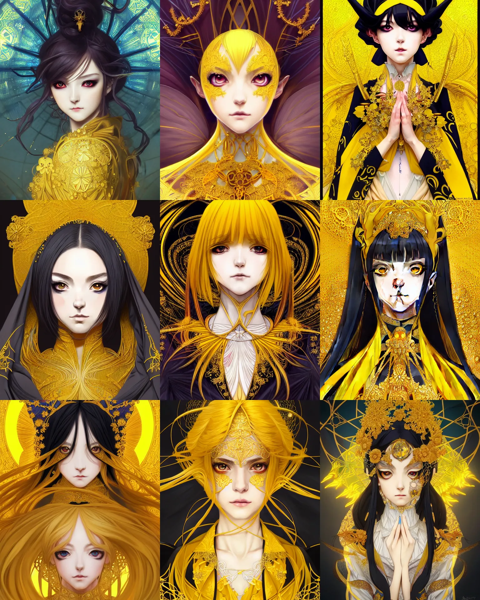 Prompt: symmetry!!!!!! beautiful anime yellow witch close portrait, wearing ornate clothing, ultra detailed, elegant, intrincate, small eyes, anime, fairy tale, dynamic lighting, digital art, digital painting, artstation, wlop, sharp focus, illustration, art by artgerm and greg rutkowski and alphonse mucha, 8 k