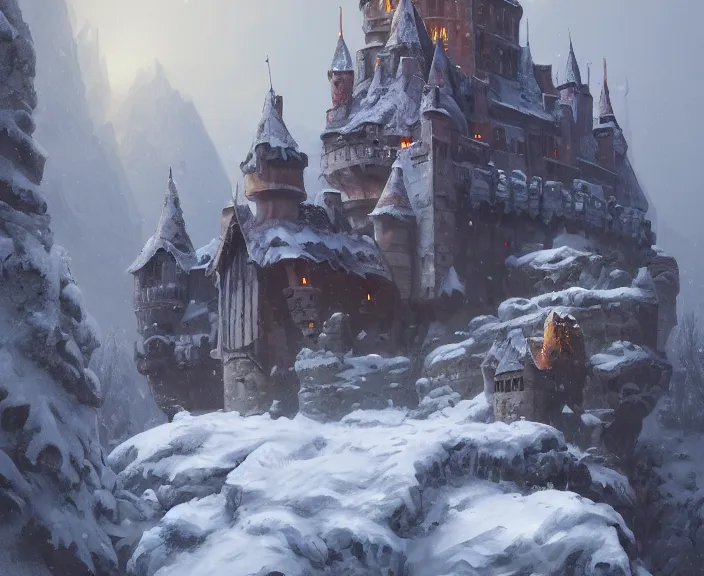 Image similar to a painting of a castle in the middle of a snowy mountain, a detailed matte painting by andreas rocha and greg rutkowski, featured on artstation, fantasy art, matte drawing, matte painting, artstation hq