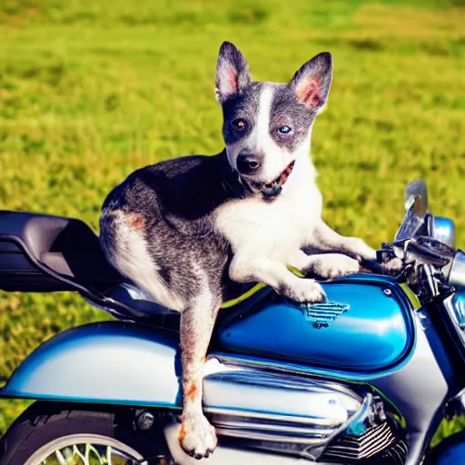 Image similar to blue heeler dog on a motorcycle, 8 k photography, blurred background of a wafflehouse