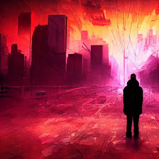 Prompt: a person watching the end of the world, red-purple gradient map, dystopian city, debris, dramatic painting