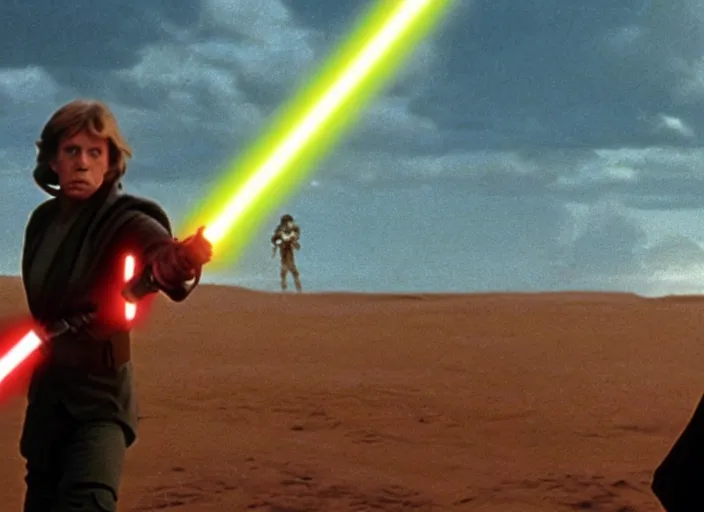 Prompt: screenshot from the lost star wars film, Luke Skywalker facing off against a female sith lord, iconic scene from the lost Star Wars film, Remnants Of the Empire, 1990 directed by Stanely Kubrick, lens flare, moody cinematography, with anamorphic lenses, crisp, detailed, 4k