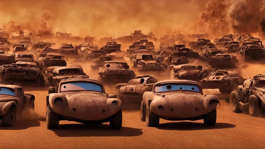 Image similar to pixar cars in mad max fury road, cartoon eyes, explosions, war boys, imax