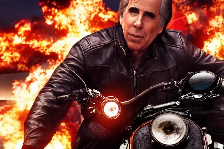 Image similar to henry winkler without a helmet, close up, racing a motorcycle in the fast and the furious movie, explosions, octane render, 4 k, hyper realistic, cinematic lighting