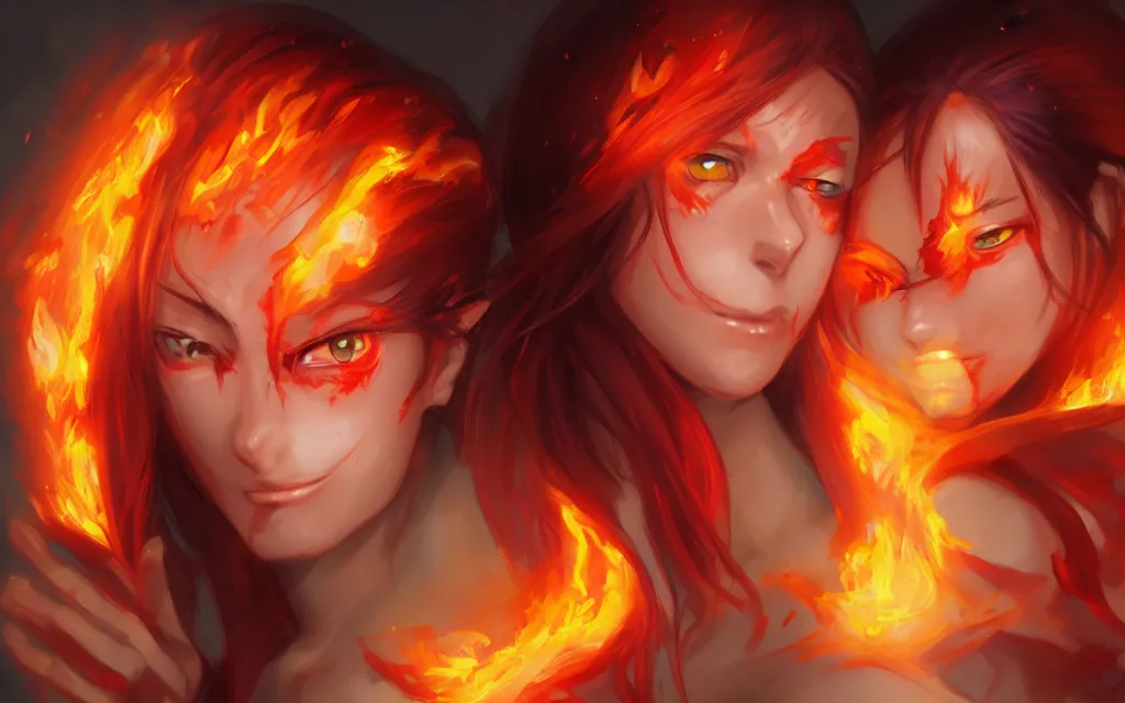 Image similar to A realistic anime portrait of a beautiful fire spirit twins with glowing red eyes and firey skin wearing clothes made of flames, digital painting, by Stanley Artgerm Lau, Sakimichan, WLOP and Rossdraws, digtial painting, trending on ArtStation, SFW version