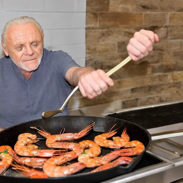 Image similar to anthony hopkins cooking king prawns in a large photo realistic pan