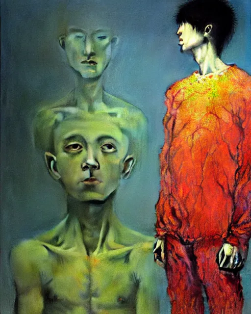 Image similar to 8k professional photo of an 8 years enlightened boy standing in front of a computer from 90s monitor screen, Beksinski impasto painting, part by Adrian Ghenie and Gerhard Richter. art by Takato Yamamoto, masterpiece by Francis Bacon