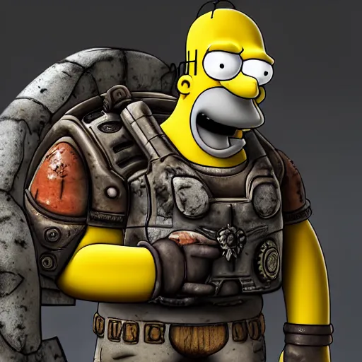 Image similar to Homer Simpson in Gears of War, highly detailed, high quality, HD, 4k, 8k, Canon 300mm, professional photographer, 40mp, lifelike, top-rated, award winning, realistic, sharp, no blur, edited, corrected, trending