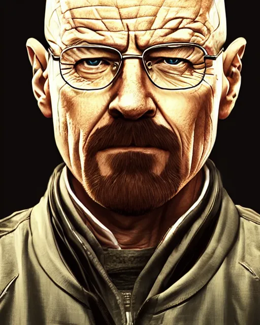 Prompt: Walter White as an Apex Legends character digital illustration portrait design by, Mark Brooks and Brad Kunkle detailed, gorgeous lighting, wide angle action dynamic portrait