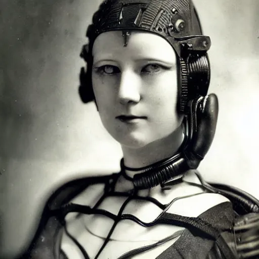 Prompt: portrait photo of a beautiful female cyborg (((from 1920s)))